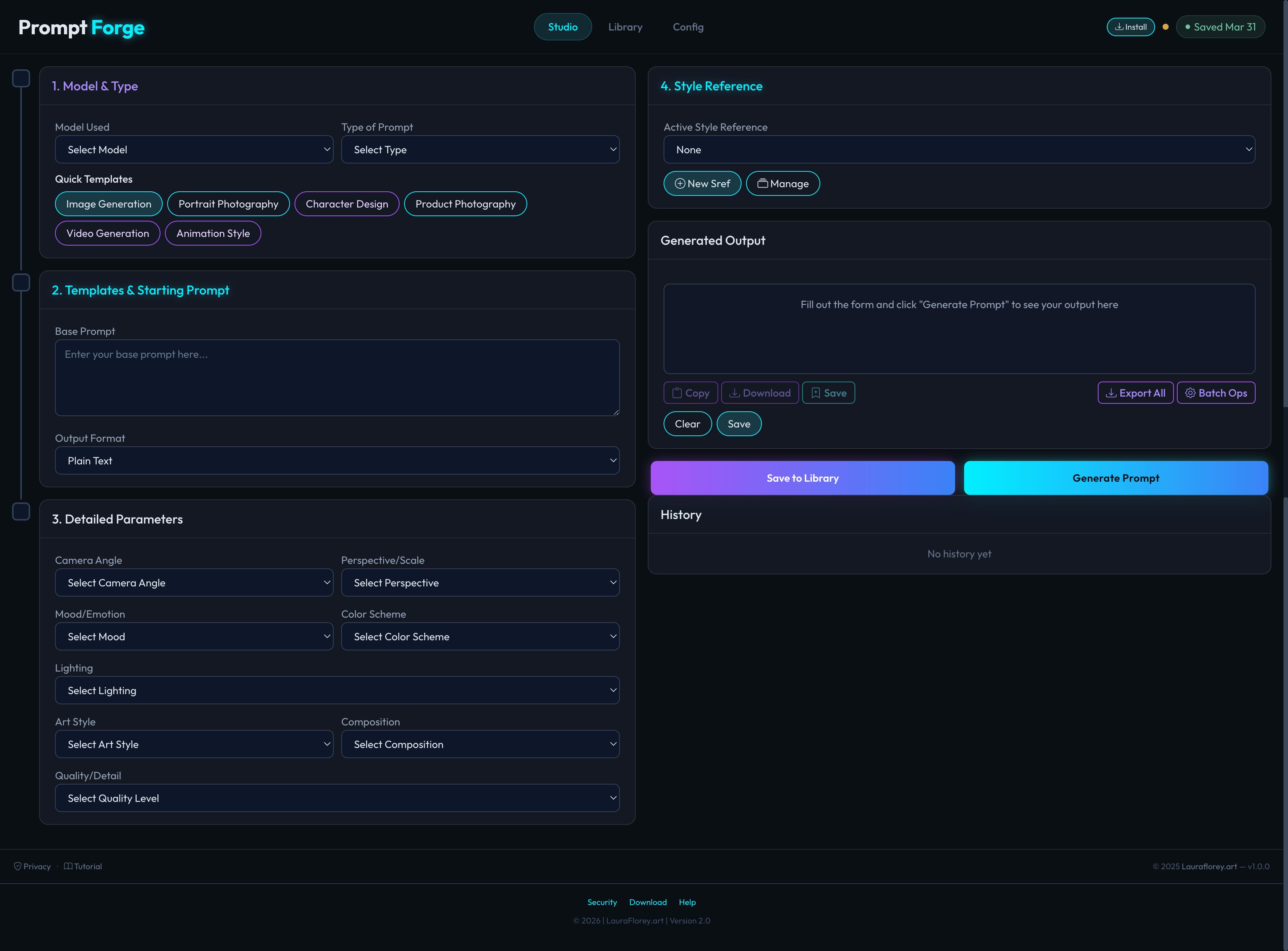 PromptForge interface showing prompt generation controls and saved prompt workflow